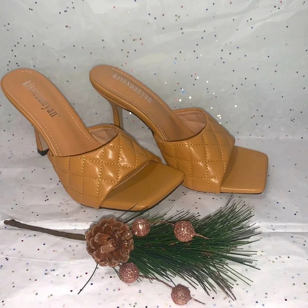 Women's Shoes Casual Stiletto Heel Slippers Square Head Diamond. Size 36
